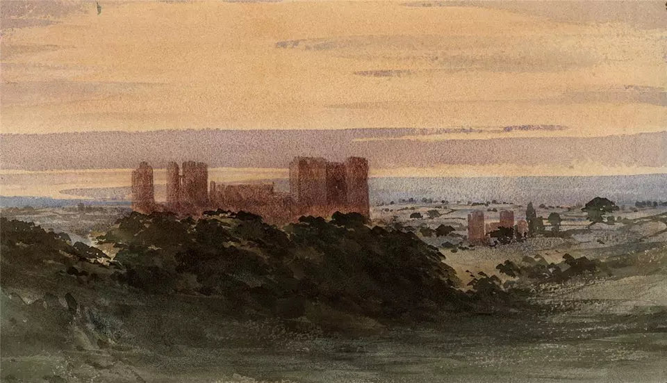 Castle In Landscape - Antique Watercolour Painting - 19th Century