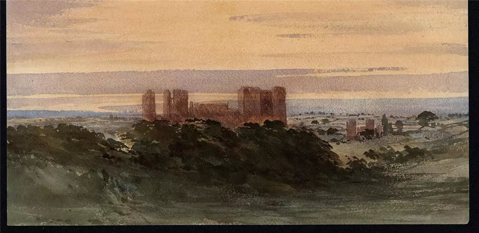 Castle In Landscape - Antique Watercolour Painting - 19th Century