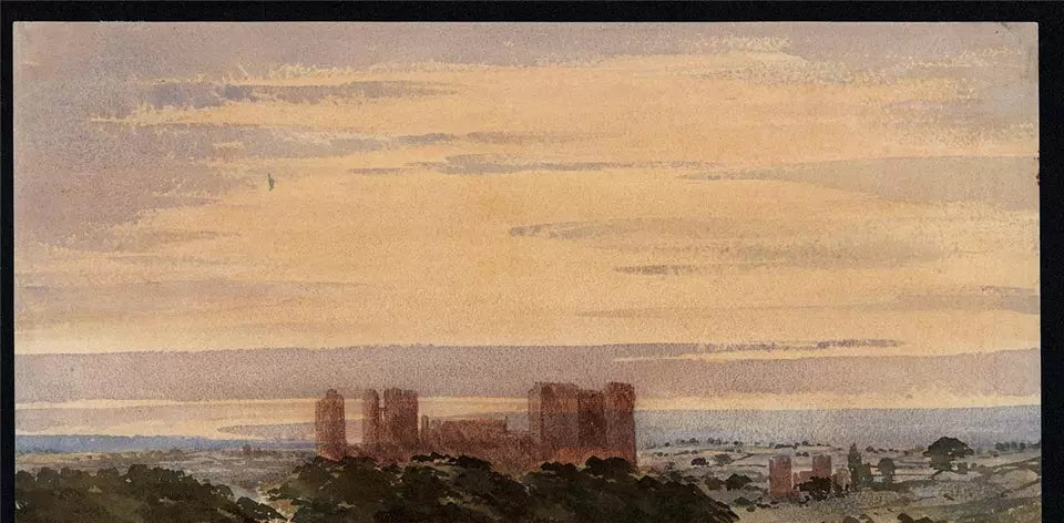 Castle In Landscape - Antique Watercolour Painting - 19th Century