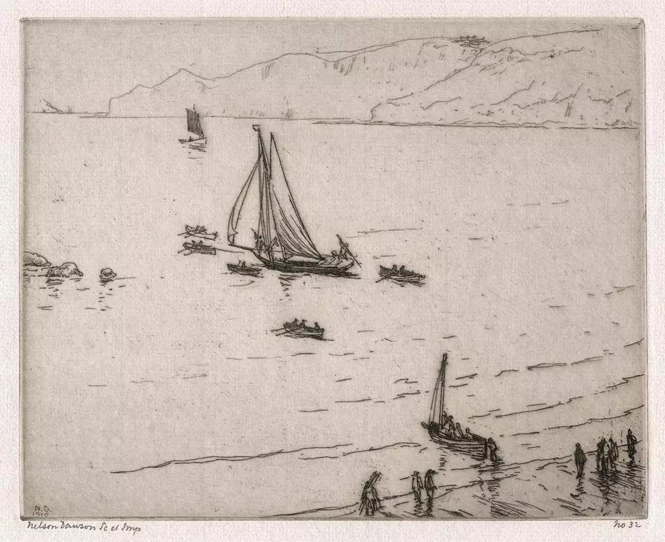 Nelson Ethelred Dawson (1859-1941) Pencil Signed Etching - Boats Off Coastline 1910