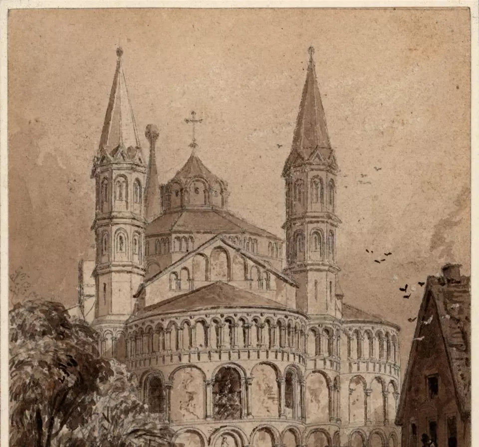 Basilica Of The Holy Apostles Cologne Germany - Watercolour Painting - 19th Century