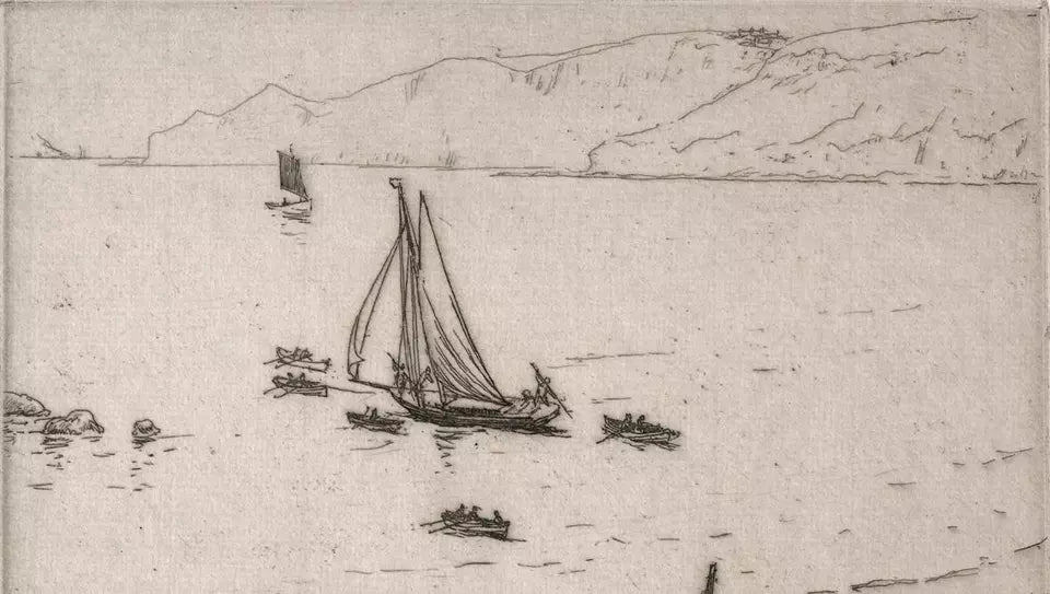Nelson Ethelred Dawson (1859-1941) Pencil Signed Etching - Boats Off Coastline 1910