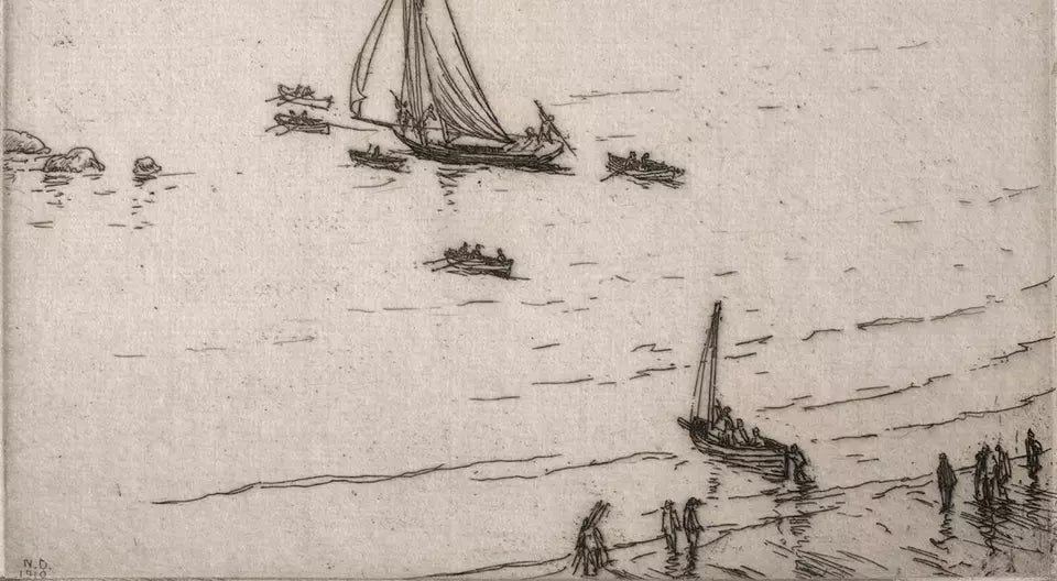 Nelson Ethelred Dawson (1859-1941) Pencil Signed Etching - Boats Off Coastline 1910
