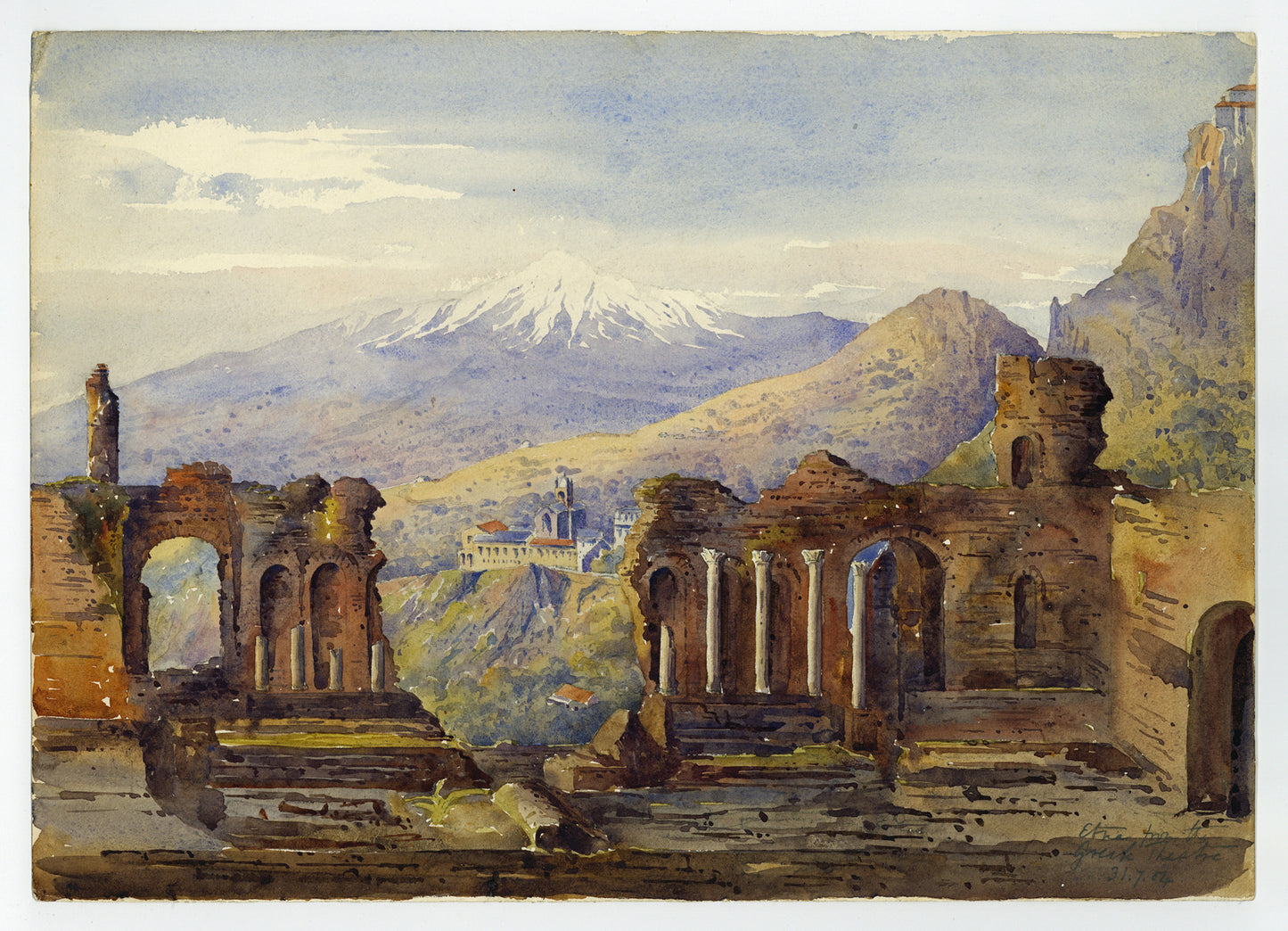 Arthur Herbert Hussey Watercolour Painting Greek Theatre of Taormina Italy 1904