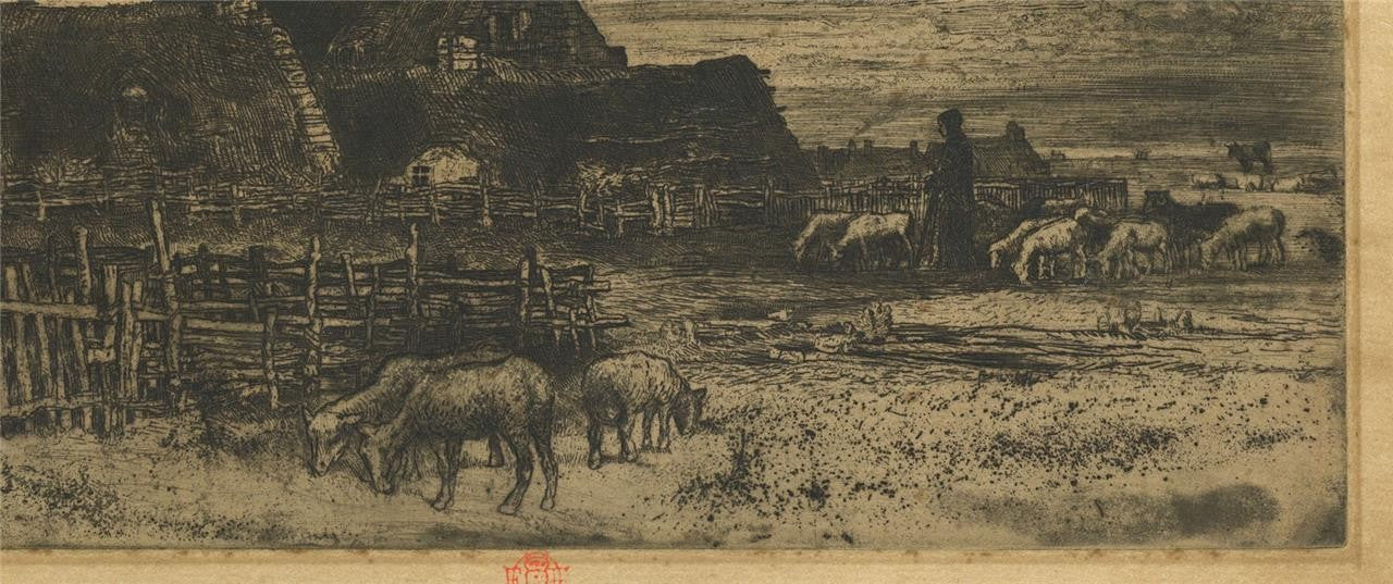 Felix Buhot (1847-1898) Etching - Sheepfold At Sunset 1881 - Red Owl Stamp10
