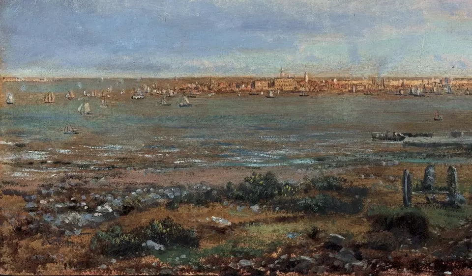 George Vicat Cole (1833-1893) Oil Painting - Boats Harwich Essex Harbour 1887