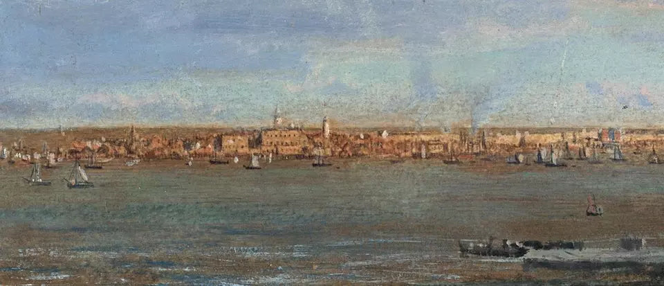 George Vicat Cole (1833-1893) Oil Painting - Boats Harwich Essex Harbour 1887