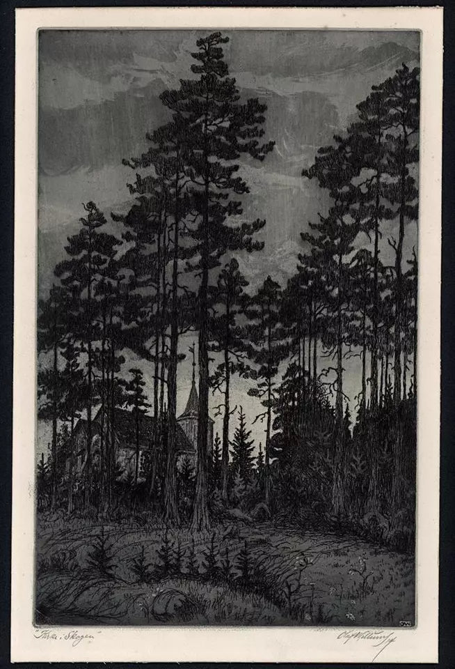 Olaf Abrahamsen Willums (1886-1967) Signed Etching - 1914 Kirke Skagen - Church In Landscape