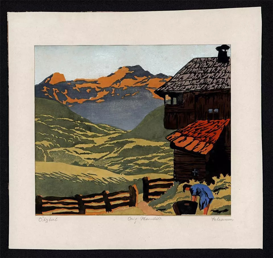 Sidonius Schrom (1887-1960) Pencil Signed Woodcut - Otztal Valley Tyrol Austria