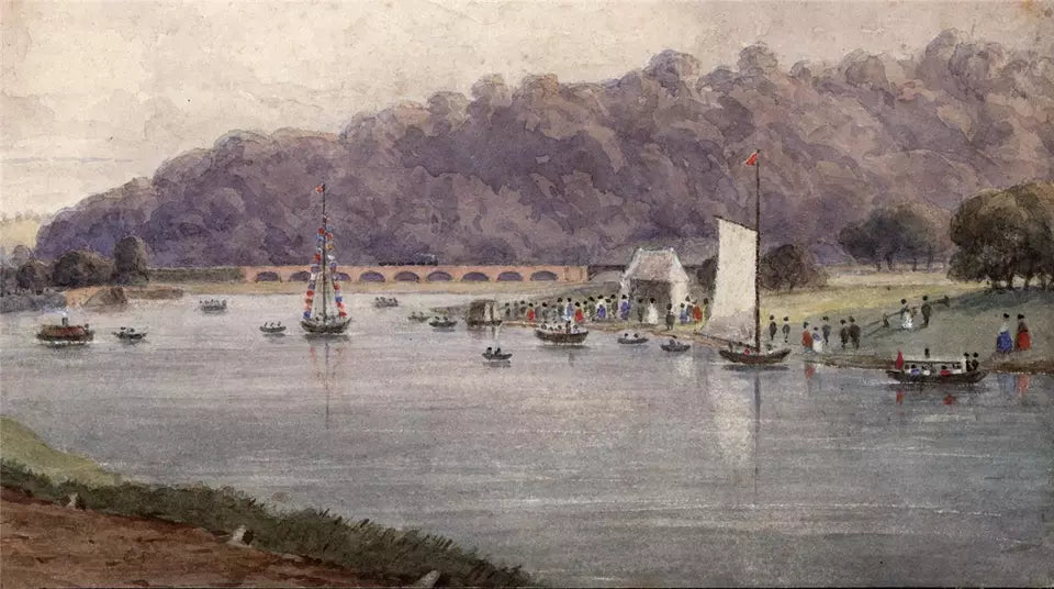 Sawley Regatta - Trent Lock Midland Counties Railway - Watercolour Painting - 19th Century