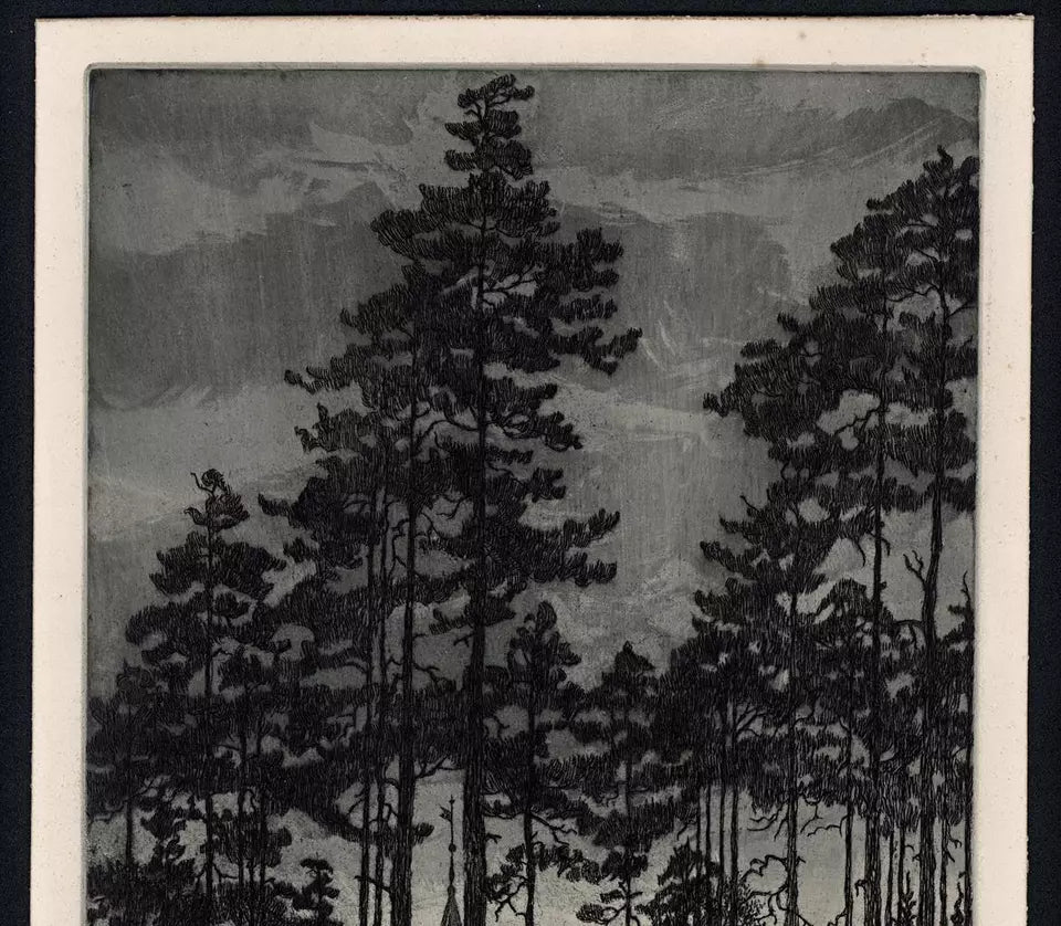Olaf Abrahamsen Willums (1886-1967) Signed Etching - 1914 Kirke Skagen - Church In Landscape