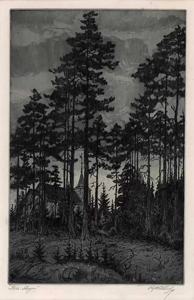 Olaf Abrahamsen Willums (1886-1967) Signed Etching - 1914 Kirke Skagen - Church In Landscape