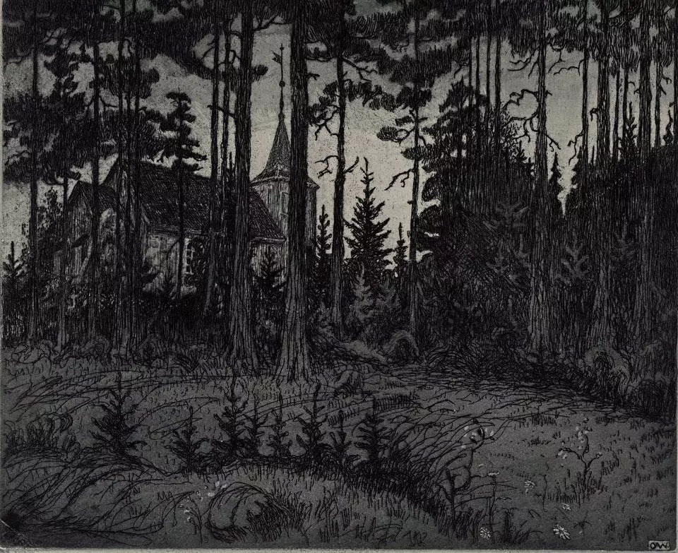 Olaf Abrahamsen Willums (1886-1967) Signed Etching - 1914 Kirke Skagen - Church In Landscape