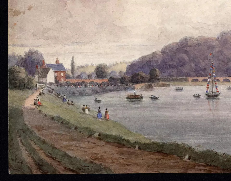 Sawley Regatta - Trent Lock Midland Counties Railway - Watercolour Painting - 19th Century