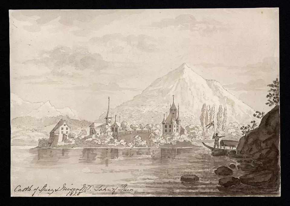 Elizabeth Campbell (1783-1861) Watercolour Painting - Spiez Castle, Lake of Thun, Switzerland 1820
