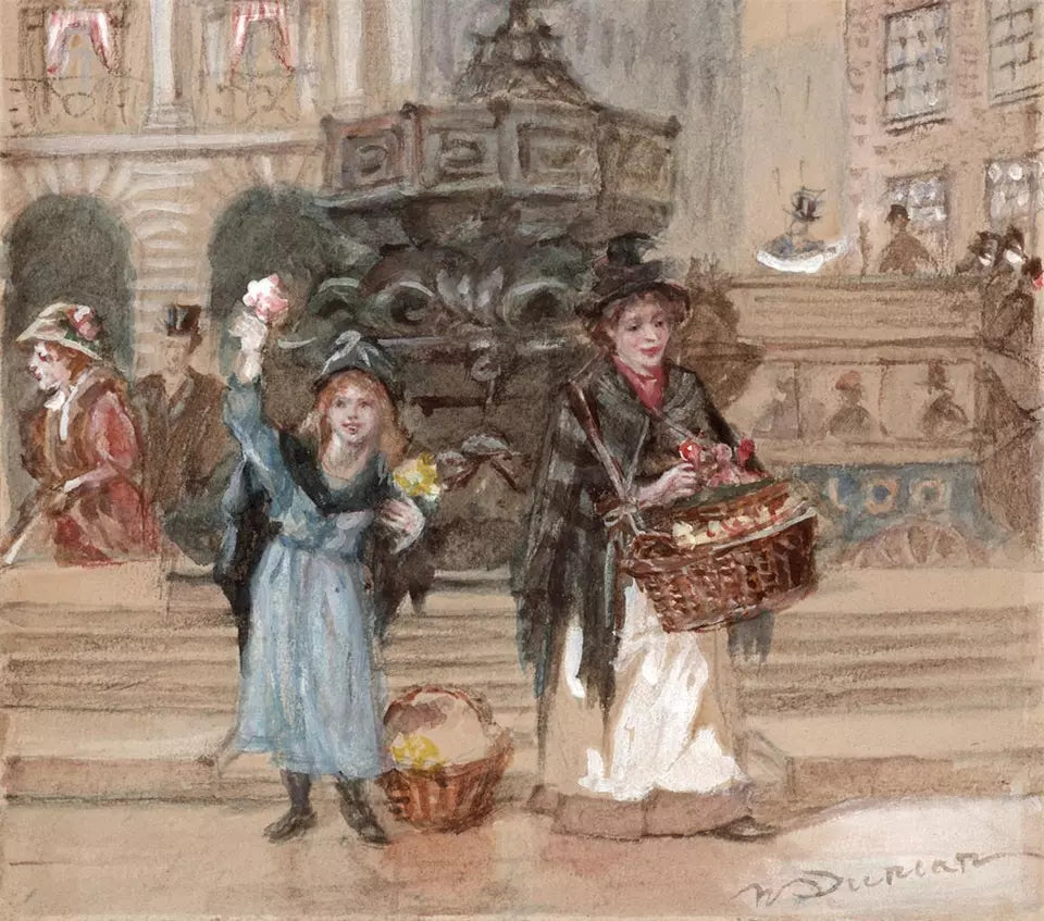 Walter Duncan (1848-1932) Watercolour Painting - Piccadilly Flower Sellers London