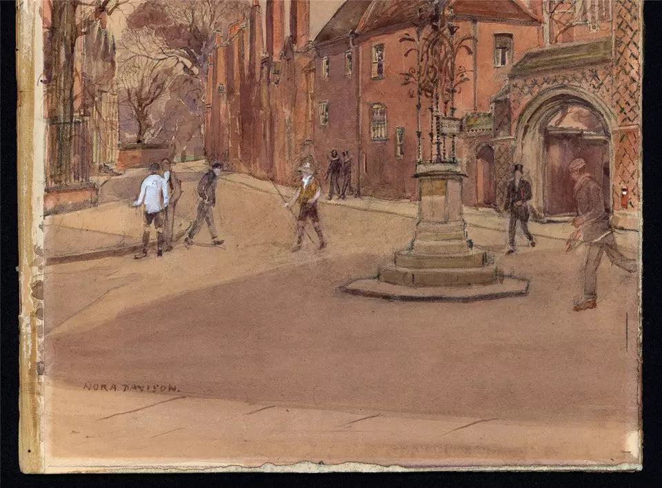 Nora Davison (fl.1881-1900) Watercolour Painting - Slough Road Eton Street Scene