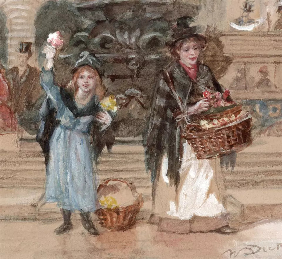 Walter Duncan (1848-1932) Watercolour Painting - Piccadilly Flower Sellers London