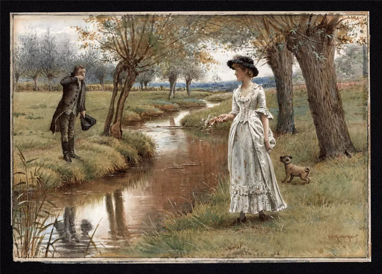 George Goodwin Kilburne (1839-1924) Watercolour Painting - The Kiss - Landscape
