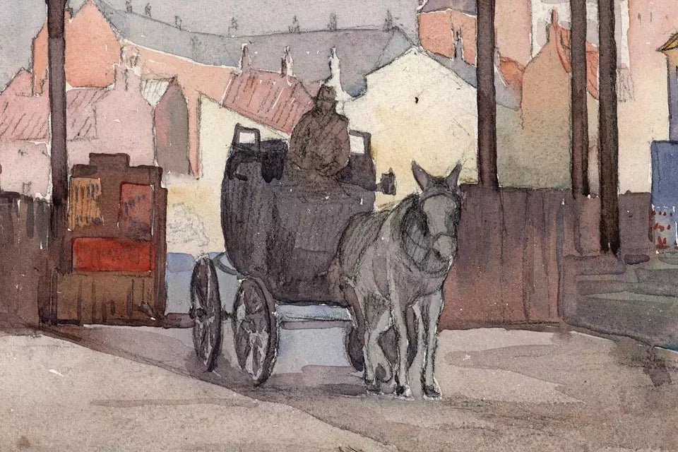 Horse & Cart At Hull Station - Antique Watercolour Painting - Early 20th Century