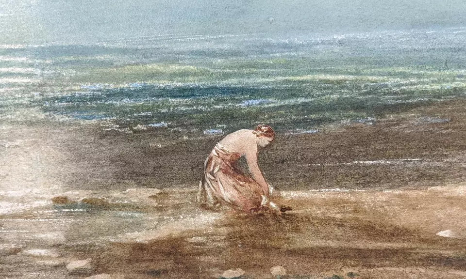 Figures By The Shore Watercolour Painting 19th Century