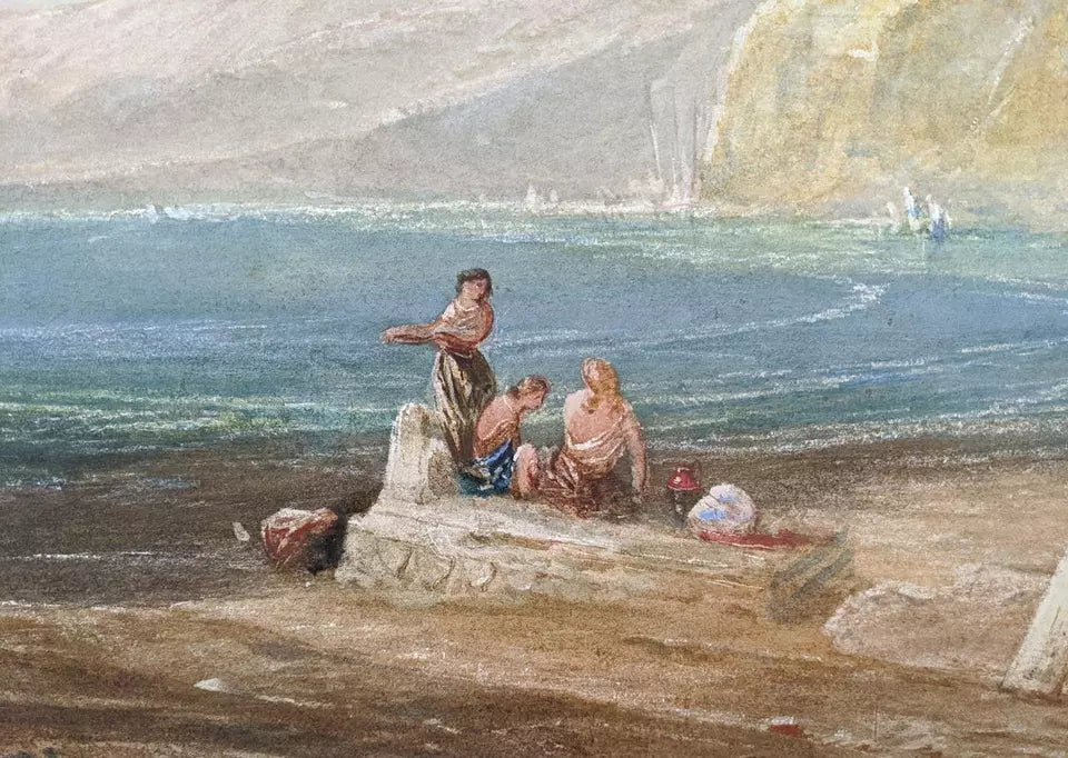 Figures By The Shore Watercolour Painting 19th Century
