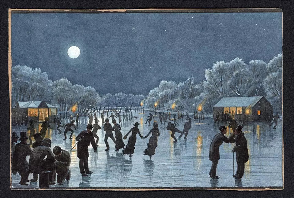 Danish Ice Skating Scene - Denmark - Antique Watercolour Painting - 19th Century