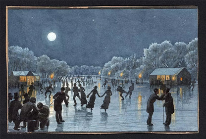 Danish Ice Skating Scene - Denmark - Antique Watercolour Painting - 19th Century