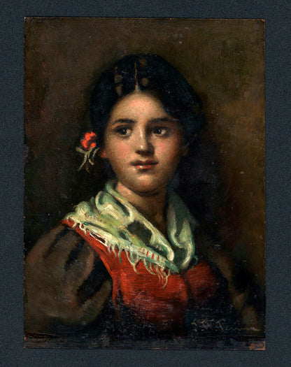 John W Perrin - Small Oil Painting On Copper - Portrait Of A Young Lady