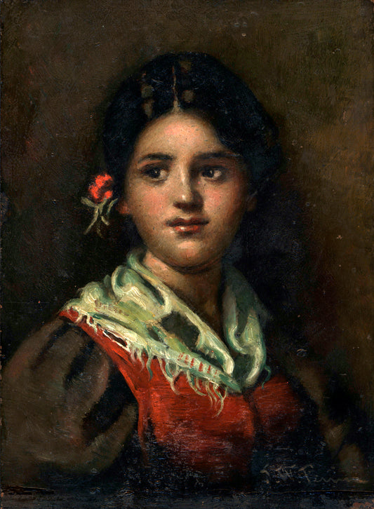 John W Perrin - Small Oil Painting On Copper - Portrait Of A Young Lady