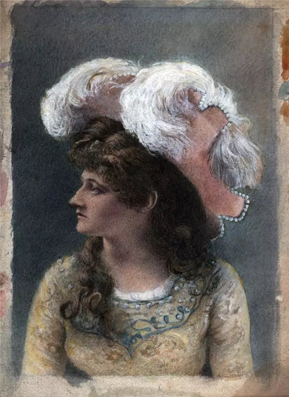 Portrait Of A Lady Wearing A Hat - Small Watercolour Painting - 19th Century