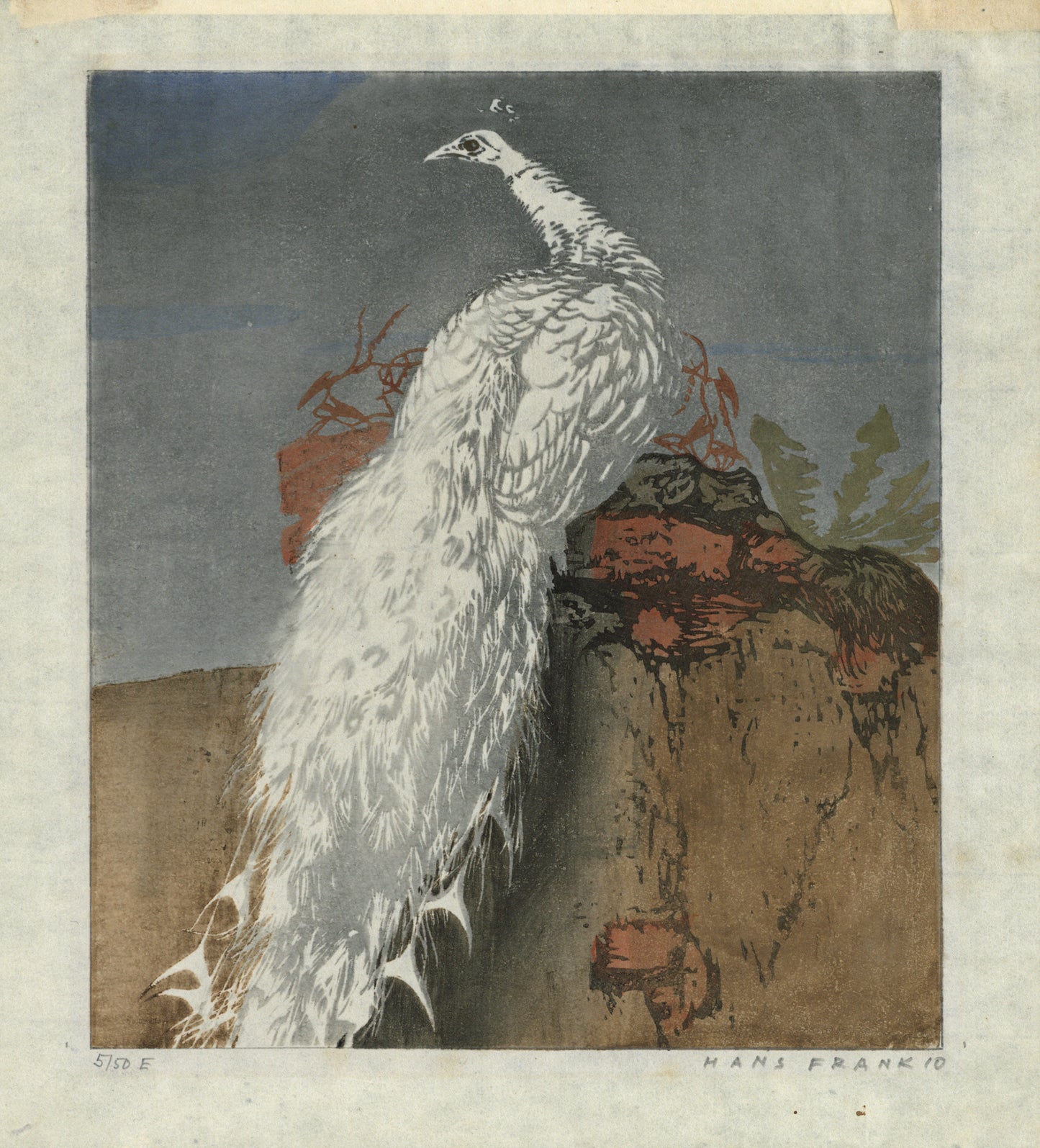 Hans Frank (1884-1948) Pencil Signed Woodcut - White Peacock 1910