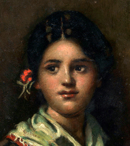 John W Perrin - Small Oil Painting On Copper - Portrait Of A Young Lady
