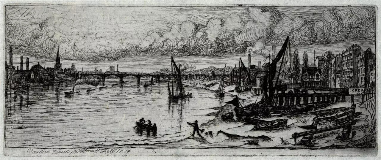 Charles William Sherborn (1831-1912) Antique Etching - Chelsea Reach London - River Thames