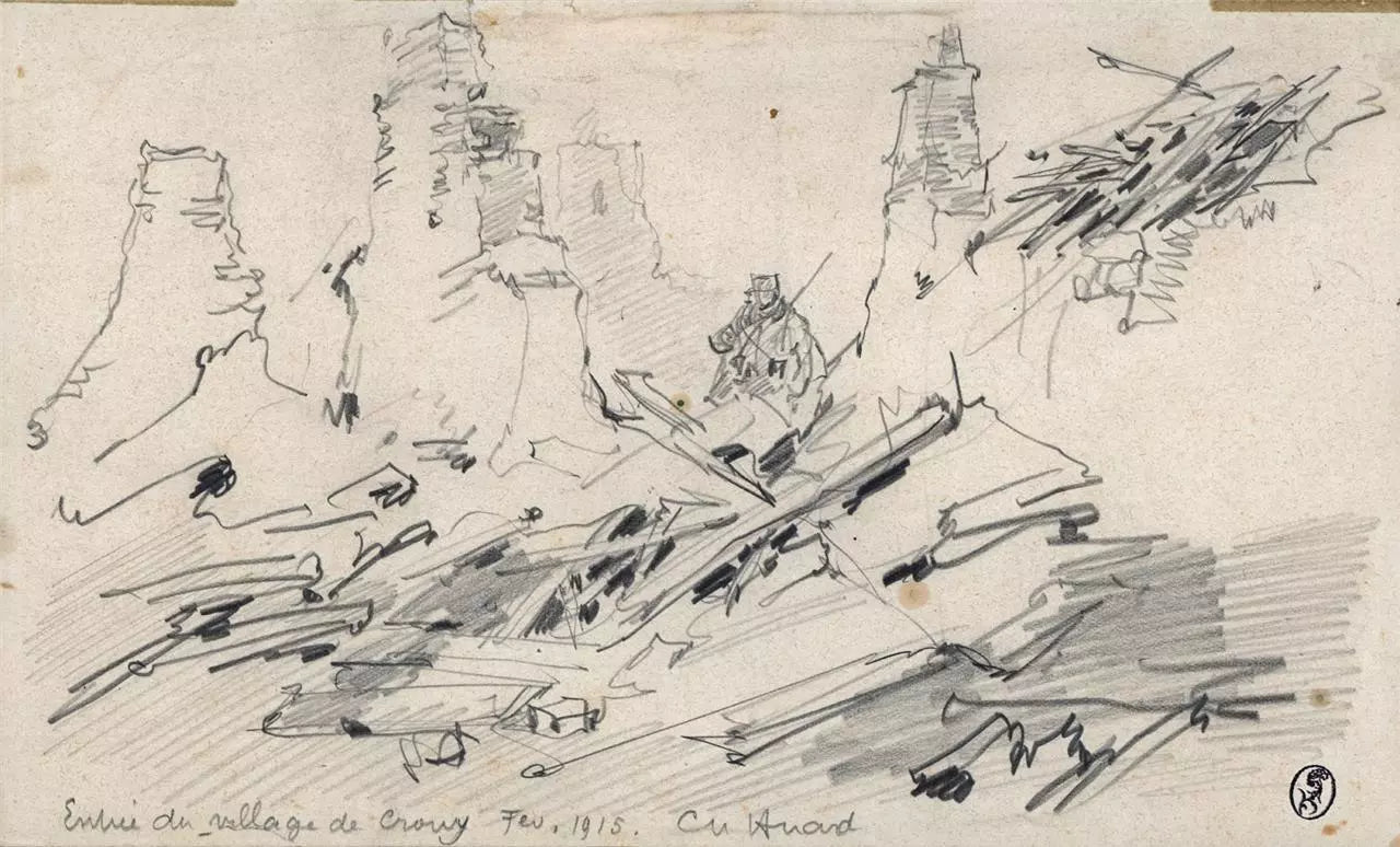 Charles Huard (1874-1965) Antique Pencil Drawing - Crouy France 1915 - WW1