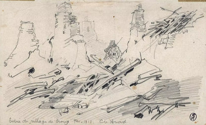 Charles Huard (1874-1965) Antique Pencil Drawing - Crouy France 1915 - WW1