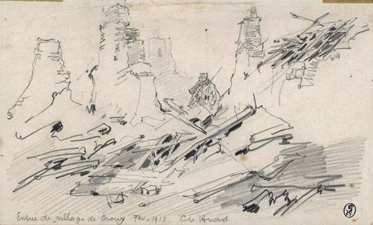 Charles Huard (1874-1965) Antique Pencil Drawing - Crouy France 1915 - WW1
