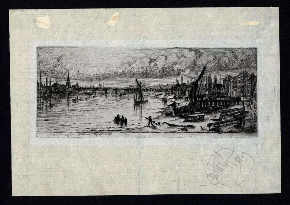 Charles William Sherborn (1831-1912) Antique Etching - Chelsea Reach London - River Thames