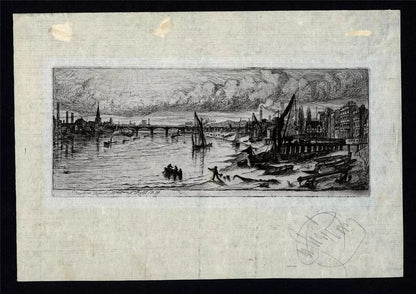 Charles William Sherborn (1831-1912) Antique Etching - Chelsea Reach London - River Thames