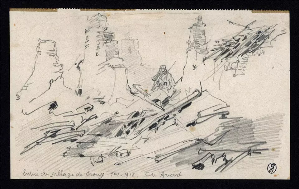 Charles Huard (1874-1965) Antique Pencil Drawing - Crouy France 1915 - WW1