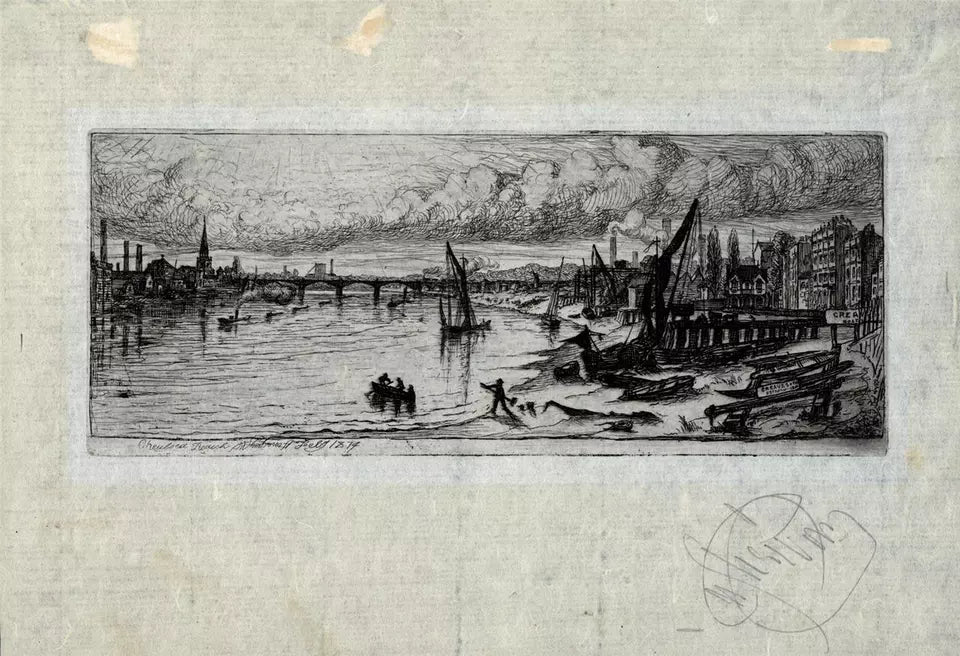 Charles William Sherborn (1831-1912) Antique Etching - Chelsea Reach London - River Thames