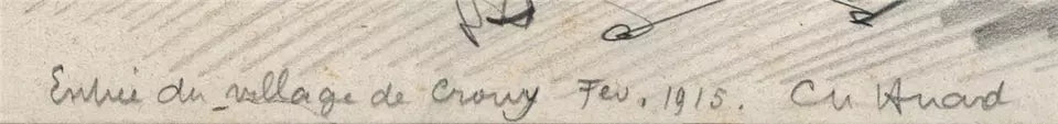 Charles Huard (1874-1965) Antique Pencil Drawing - Crouy France 1915 - WW1