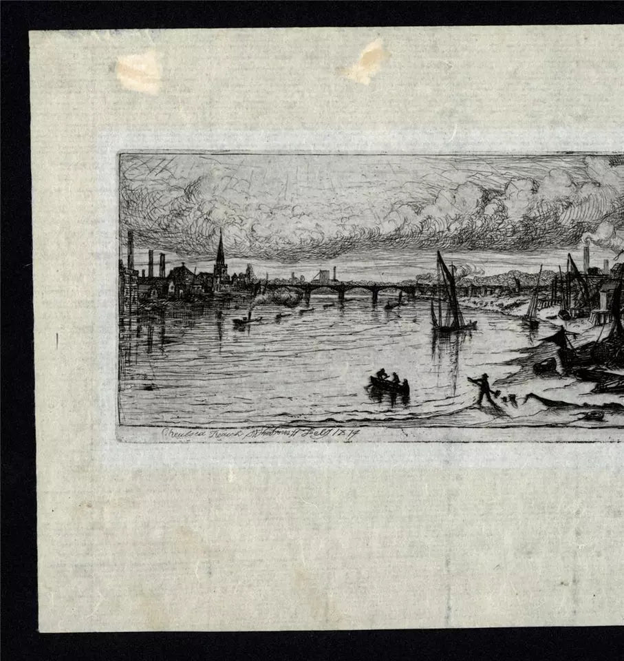 Charles William Sherborn (1831-1912) Antique Etching - Chelsea Reach London - River Thames