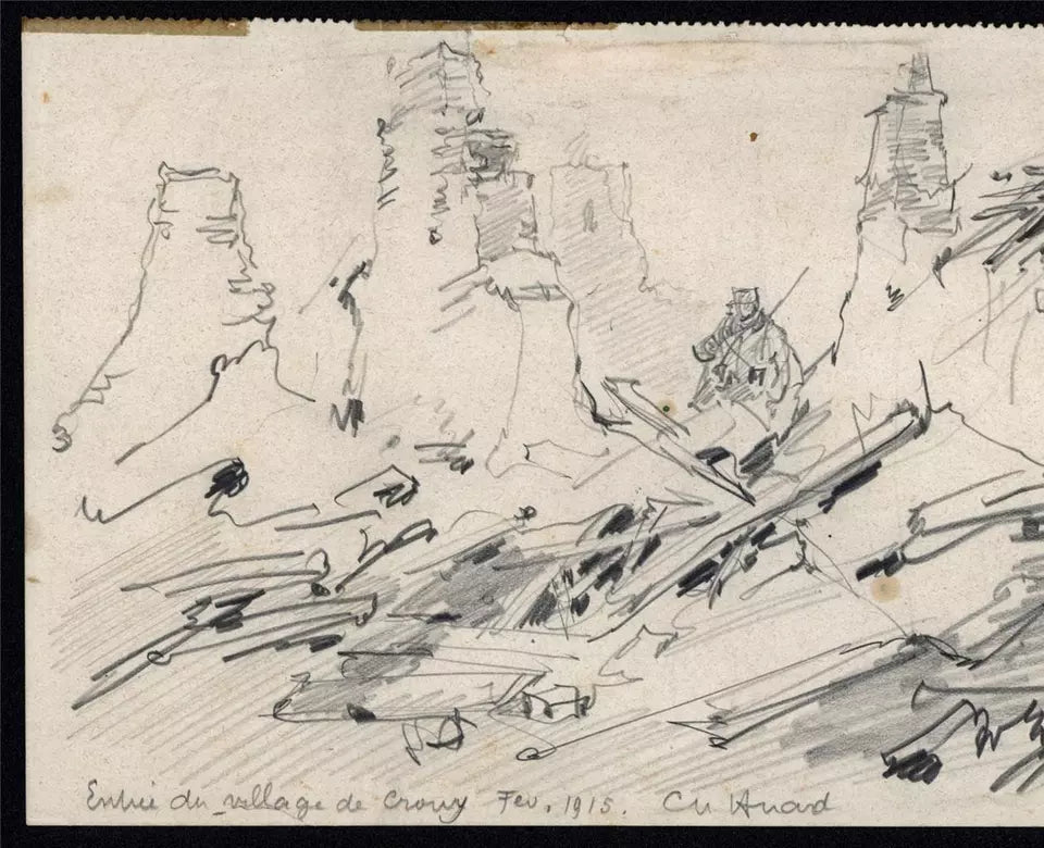 Charles Huard (1874-1965) Antique Pencil Drawing - Crouy France 1915 - WW1