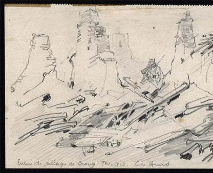 Charles Huard (1874-1965) Antique Pencil Drawing - Crouy France 1915 - WW1