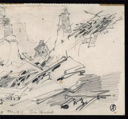 Charles Huard (1874-1965) Antique Pencil Drawing - Crouy France 1915 - WW1