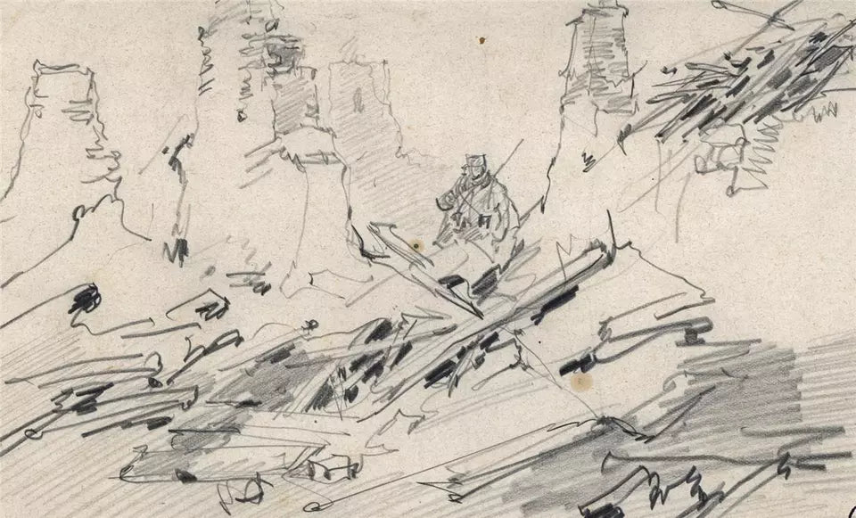 Charles Huard (1874-1965) Antique Pencil Drawing - Crouy France 1915 - WW1