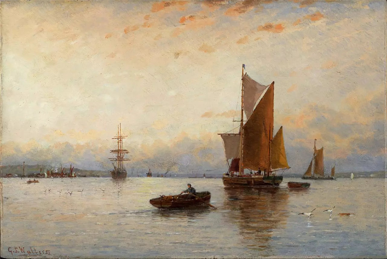 George Stanfield Walters (1838-1924) Oil Painting On Panel - On The River Medway