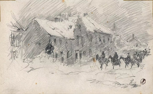 Charles Huard (1874-1965) Antique Pencil Drawing - WW1 Street Scene c1915