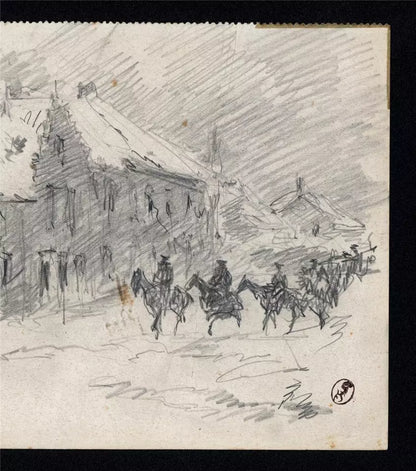 Charles Huard (1874-1965) Antique Pencil Drawing - WW1 Street Scene c1915